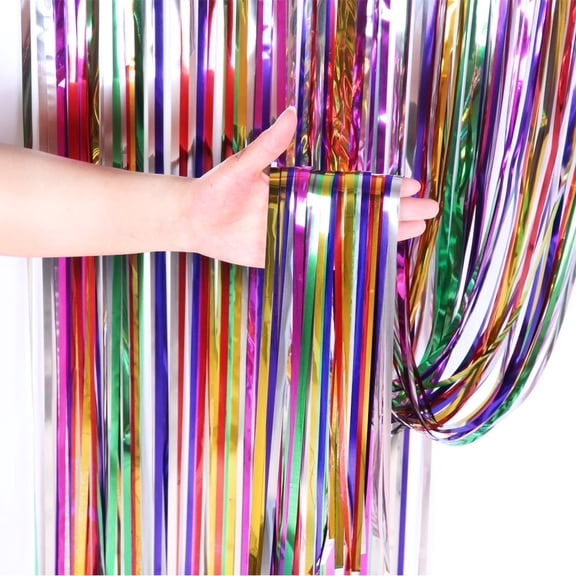 Xiao Hua 3-piece set of rainbow foil tassel curtains, tie dye metal wire curtains, photo background, suitable for holiday themed birthday, wedding, party decoration,