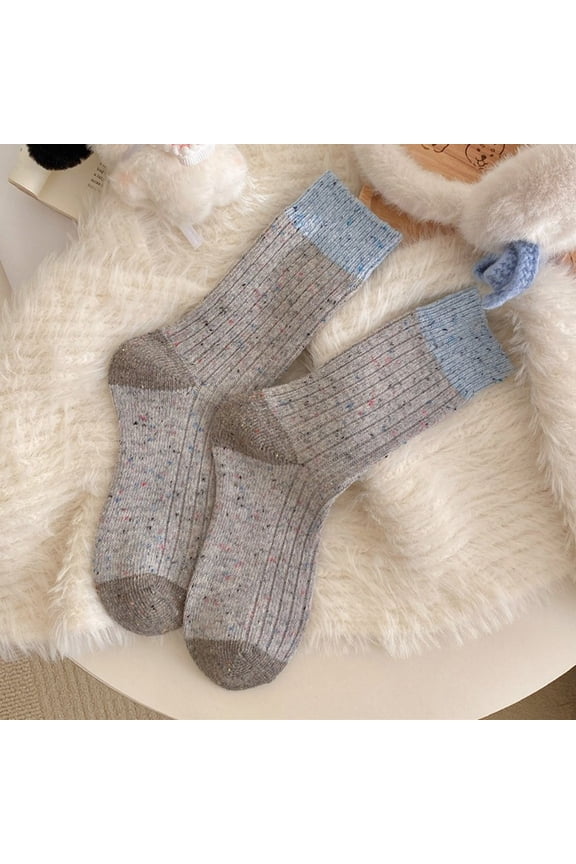 4 pairs of dark gray winter round neck socks, color blocked polka dot stretchable ribbed cuffs comfortable home socks, retro casual home socks, one size fits all