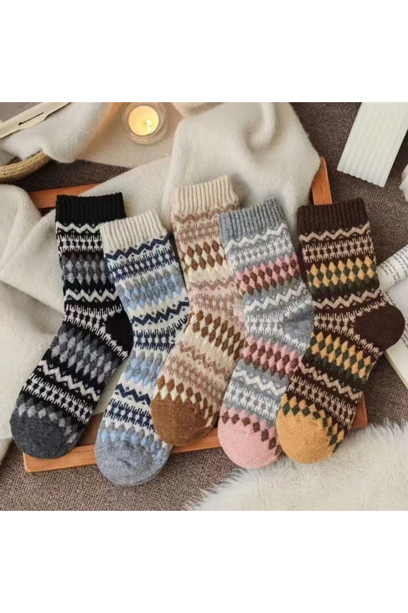 5 pairs of diamond grid retro knitted socks, color blocked pure cotton socks, warm casual round neck socks, comfortable socks for daily use in cold weather, one size fits all