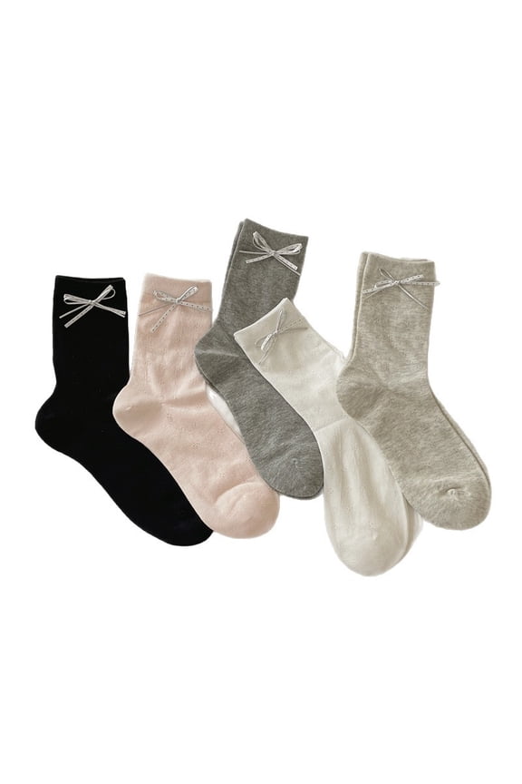 5 pairs of mixed color hollow knitted mid tube socks, cute bow decoration casual socks, soft, lightweight and breathable daily socks with a simple style, all in one size
