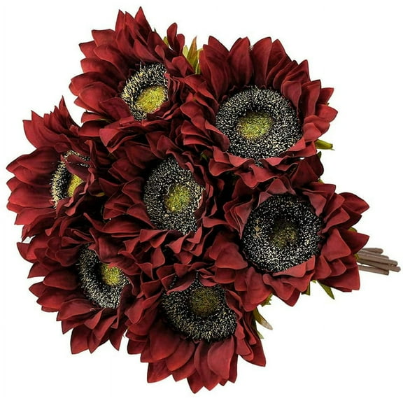 Xiao Hua 5-piece set dark red artificial sunflower long stem silk fake sunflower decoration suitable for outdoor home, wedding, birthday party decoration