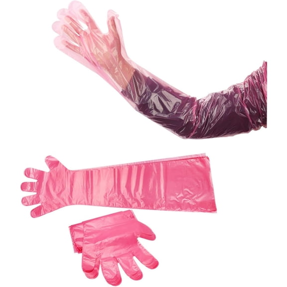 Xiao Hua 50 pieces of red long arm plastic gloves, 35.5-inch multi-purpose gloves for veterinary insemination/home cleaning/field dressing