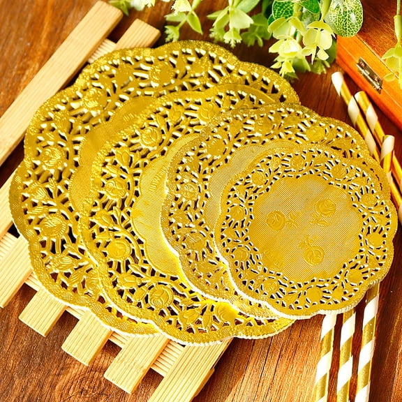 Xiao Hua 50 sheets/set of paper placemats, lace round decorative paper placemats, loose, suitable for dessert and tableware decoration, 6.5-inch round paper placemats, gold color