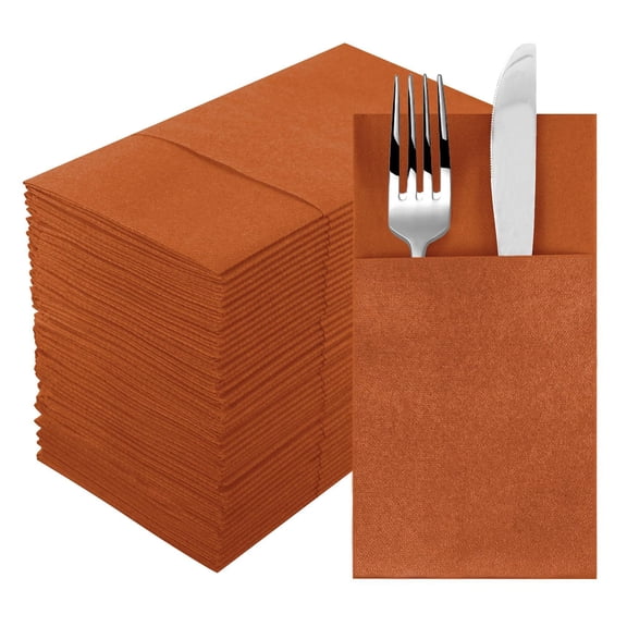 Xiao Hua 50Pcs disposable napkins with built-in cutlery bag, pre folded, suitable for restaurant wedding party tabletop decoration, brown