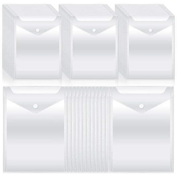 Xiao Hua 50PcsA5 transparent plastic envelope with snap button, suitable for storing stamps and documents, vertical file bag, suitable for home and office, 7.08 x 9.44 inches