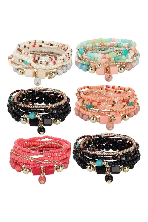 6-piece Bohemian style stackable bead bracelet, women's elastic multi-layer bracelet set, multi-color jewelry