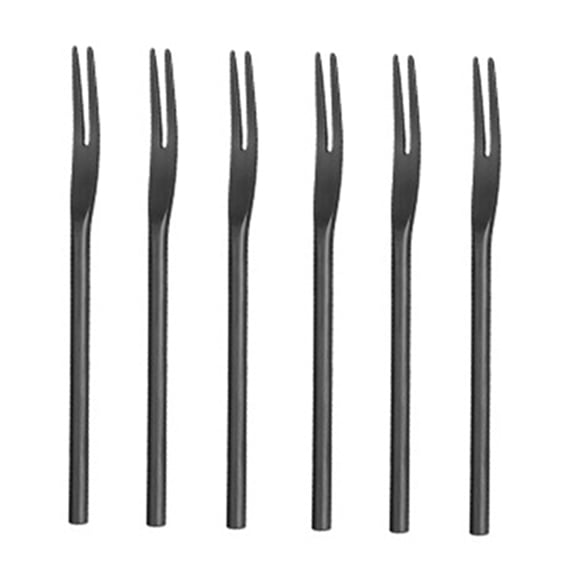 Xiao Hua 6-piece set of long handled fruit forks, 5.12 inch stainless steel round solid handle fork, suitable for jars, 2-toothed fork, suitable for desserts, appetizers, cocktails, black