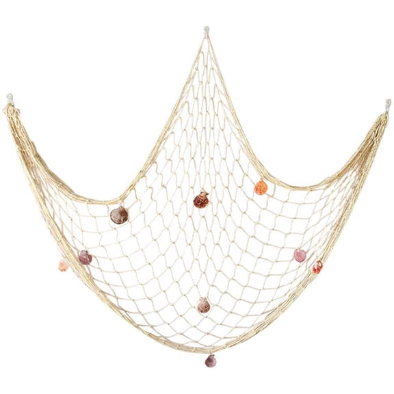 Xiao Hua 78.7 x 39.37 inch shell fishing net wall decoration - Mediterranean style cotton photo hanging display net, suitable for party decoration ornaments, 1 piece, Beige