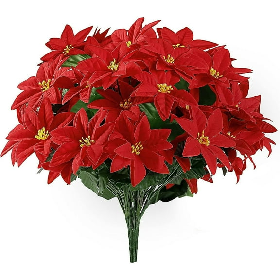 Xiao Hua Artificial First Class Red Flower Bundle 5 packs, 7 heads, 15 inches velvet, poinsettia Christmas flowers suitable for porch, home garden, indoor and outdoor Christmas decoration