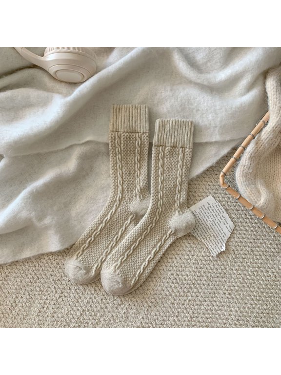 Autumn and Winter Fried Dough Twists Thickened Warm Medium Socks, 3 pairs of off white one size casual household socks, suitable for daily warm stacking socks