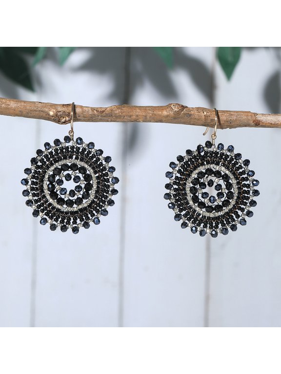 Black Handmade Seed Bead Earrings - 1 Pair, 1.97 * 1.57 Inches, Lightweight Handmade Geometric Bead Pendant Jewelry, Suitable For Daily Wear And Matching