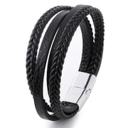 Xiao Hua Black Leather Woven Bracelet -1 Piece, 9.06 Inches Long, Mens Woven Faux Leather Bracelet, Soft Leather Wristband, Mens Daily Wear Bracelet Silvery Metal Buckle