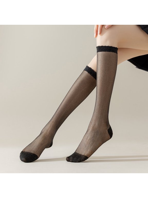 Black Shiny Socks, One Size Fits All, Knee Length Shiny Socks With Metal Wire, Semi Transparent Socks For Parties, Festivals, And Daily Casual Wear, 4 Pairs