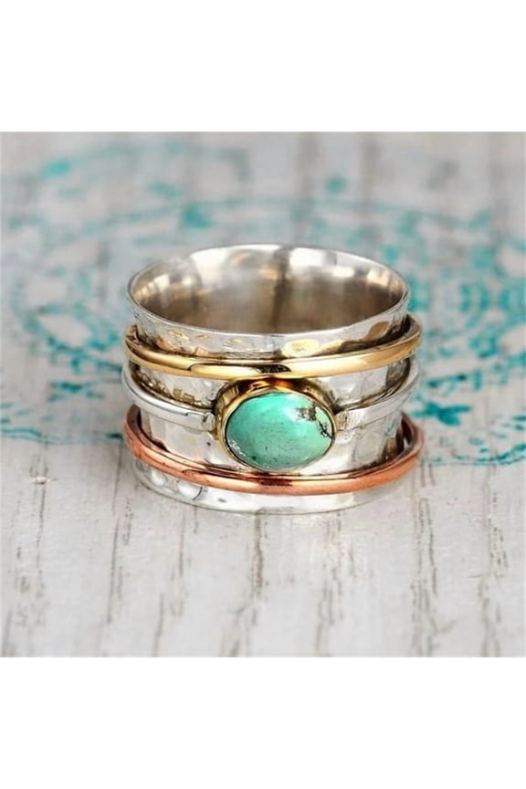 Bohemian style natural stone ring, women's retro turquoise ring, fashionable jewelry accessory, 1 piece, No.11