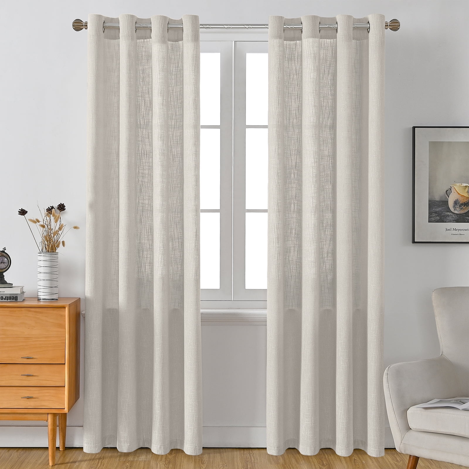 Xiao Hua Burlap Linen Farmhouse Curtain 84 "Long 2 Pieces For Living Room Texture Thick Light Filter Privacy Curtain with Grommet For Bedroom 7" (52x84in Beige)