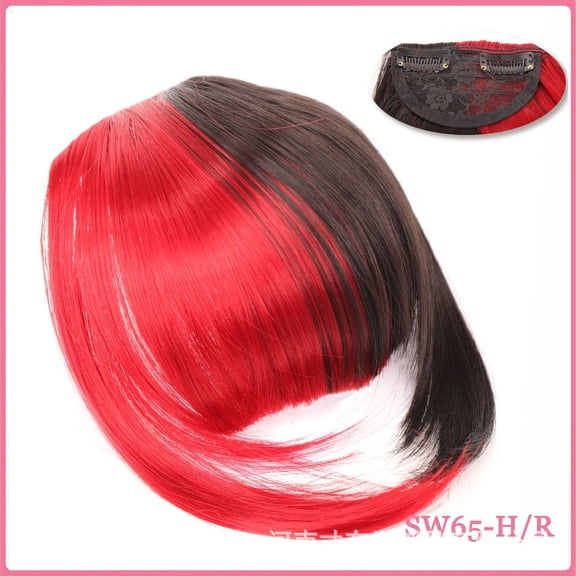 Xiao Hua Clip in Bangs, Synthetic French Bangs Hair Clip, Fake Bangs Fringe with Temples Hairpieces for Women Natural Curved Bangs Clip in Hair Extensions for Daily WearBlack and Red