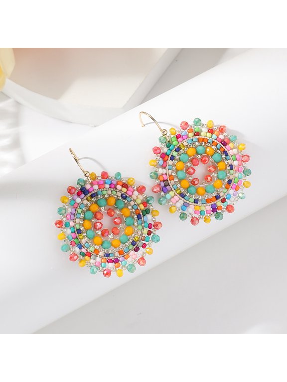 Colorful Handmade Seed Bead Earrings - 1 Pair, 1.97 * 1.57 Inches, Lightweight Handmade Geometric Bead Pendant Jewelry, Suitable For Daily Wear And Matching