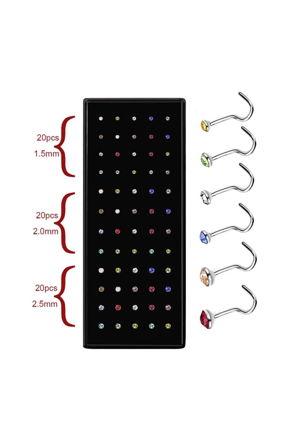 Colorful Spiral Rod Nose Nail Set 1 box (approximately 60 pieces), 1.5/2.0/2.5mm wide, rust proof and lead-free perforated jewelry for daily wear by men and women