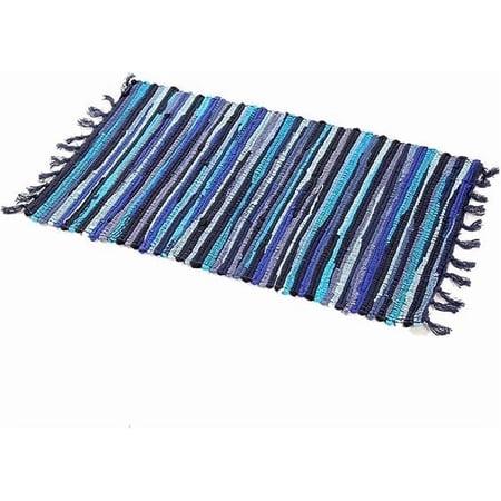 Xiao Hua Contemporary Handmade Blue Striped and Tasseled Area Rug, 20" x 31", Reversible