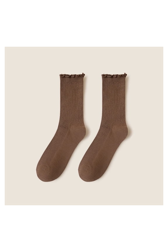 Cute Lotus Leaf Edge Lace Short Socks Neutral Thin Cotton Knitted Boat Socks Ribbed Stacked Lotus Leaf Edge Socks, Dark brown, 6 pairs