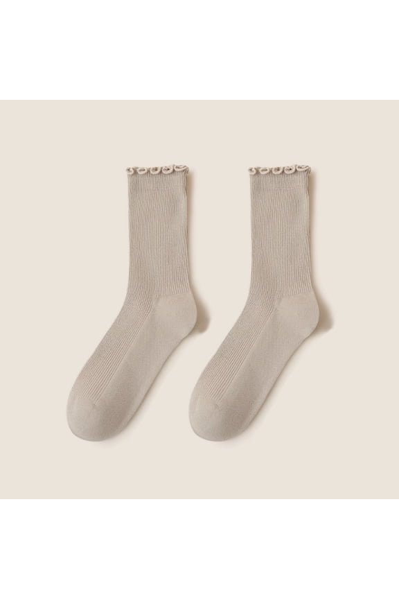 Cute Lotus Leaf Edge Lace Short Socks Neutral Thin Cotton Knitted Boat Socks Ribbed Stacked Lotus Leaf Edge Socks, Khaki, 6 pairs