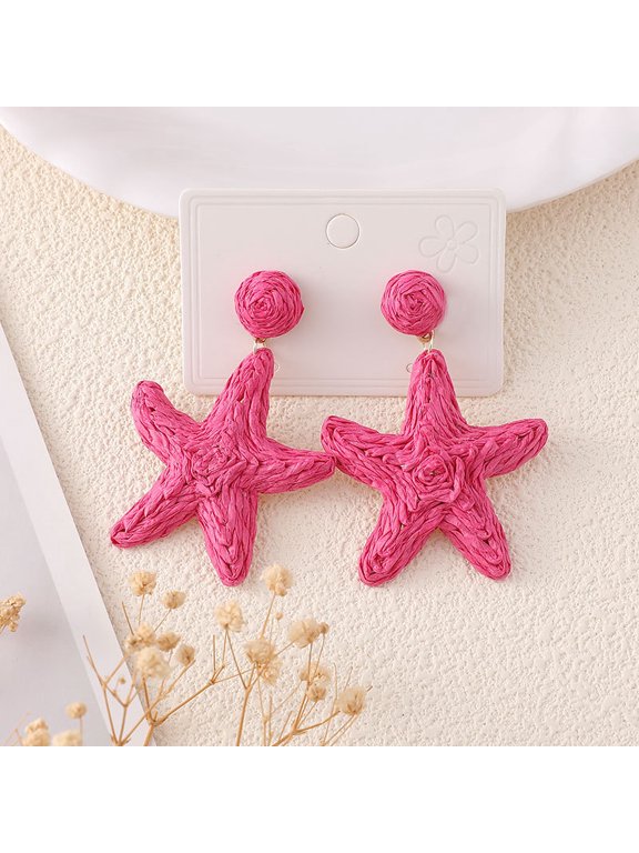 Dark Pink Hand Woven Earrings, 1 Pair, 2.56 * 1.89 Inches, Made Of Natural Plant Fibers, Tropical Beach Travel, Swimming Pool Party, Summer Earrings