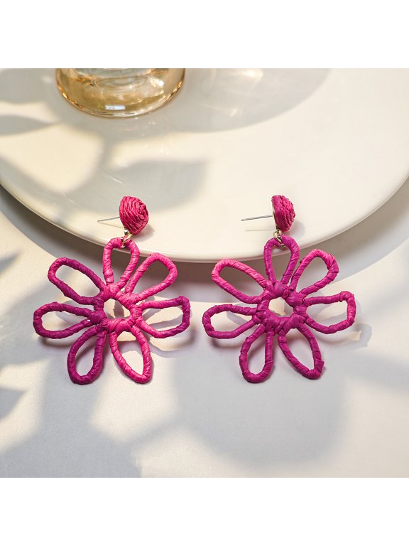 Dark Pink Handmade Woven Earrings, 1 Pair, 2.86 * 2.24 Inches, Made Of Natural Plant Fibers, Tropical Beach Travel, Swimming Pool Party Summer Earrings