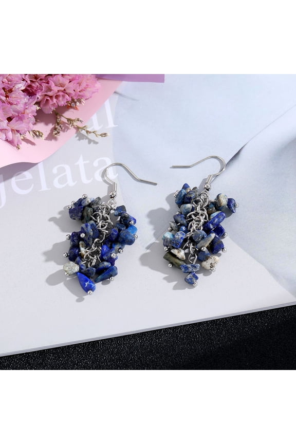Deep Blue Stone Crystal Pendant Earrings - 1 Pair, 2.17 Inches Long, Irregular Natural Stone Pendant, Yoga Meditation Lightweight Women's Earrings