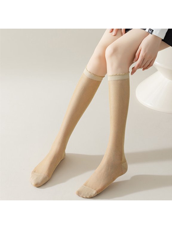 Gold Shiny Socks, One Size Fits All, Knee Length Shiny Socks With Metal Wire, Semi Transparent Socks For Parties, Festivals, And Daily Casual Wear, 4 Pairs