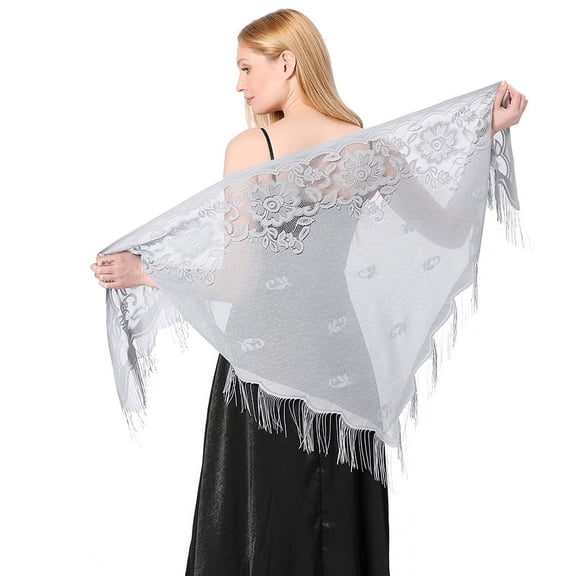 Xiao Hua Grey Triangle Lace Shawl Scarf -1 Piece, 70.87  27.56 Inches, Lace Tassel Shawl For Parties, Lightweight And Breathable Mesh Shawl With Tassel Decoration