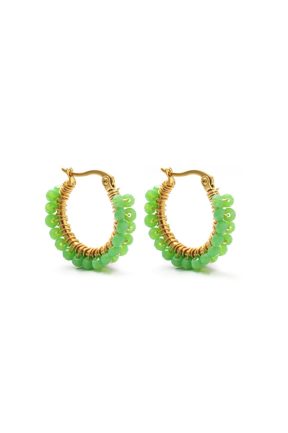 Handmade Wire Wound Crystal Bead Earrings - 1 Pair, Diameter About 0.98 Inches, Metal Wire Wrapped Earrings, Handmade Metal Wire Wrapped Light Green Crystal Earrings