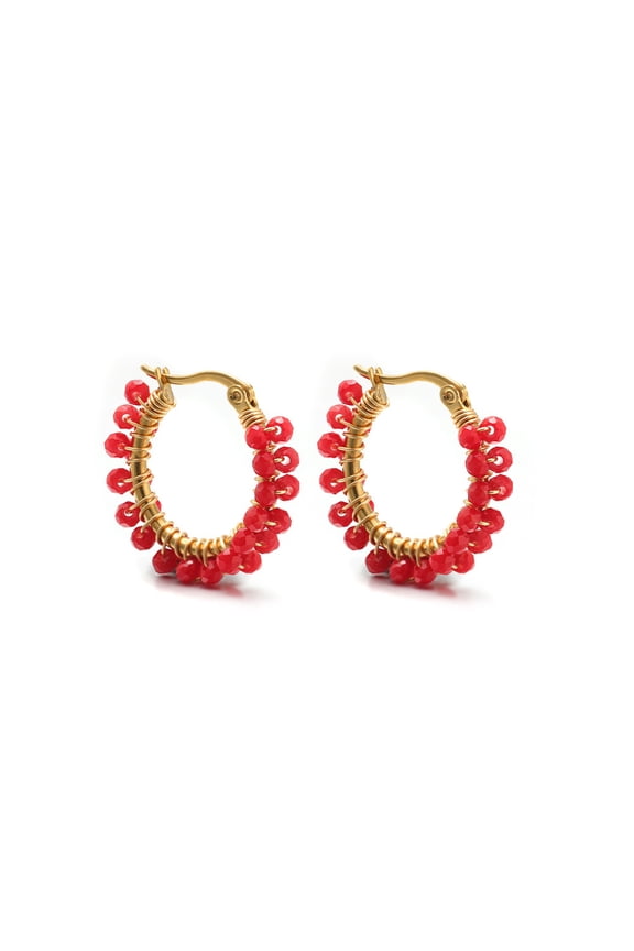 Handmade Wound Red Crystal Bead Earrings - 1 Pair, Diameter About 0.98 Inches, Metal Wire Wrapped Earrings, Handmade Metal Wire Wrapped Crystal Earrings