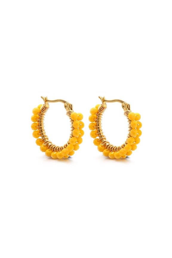 Handmade Wound Yellow Crystal Bead Earrings - 1 Pair, Diameter About 0.98 Inches, Metal Wire Wrapped Earrings, Handmade Metal Wire Wrapped Crystal Earrings