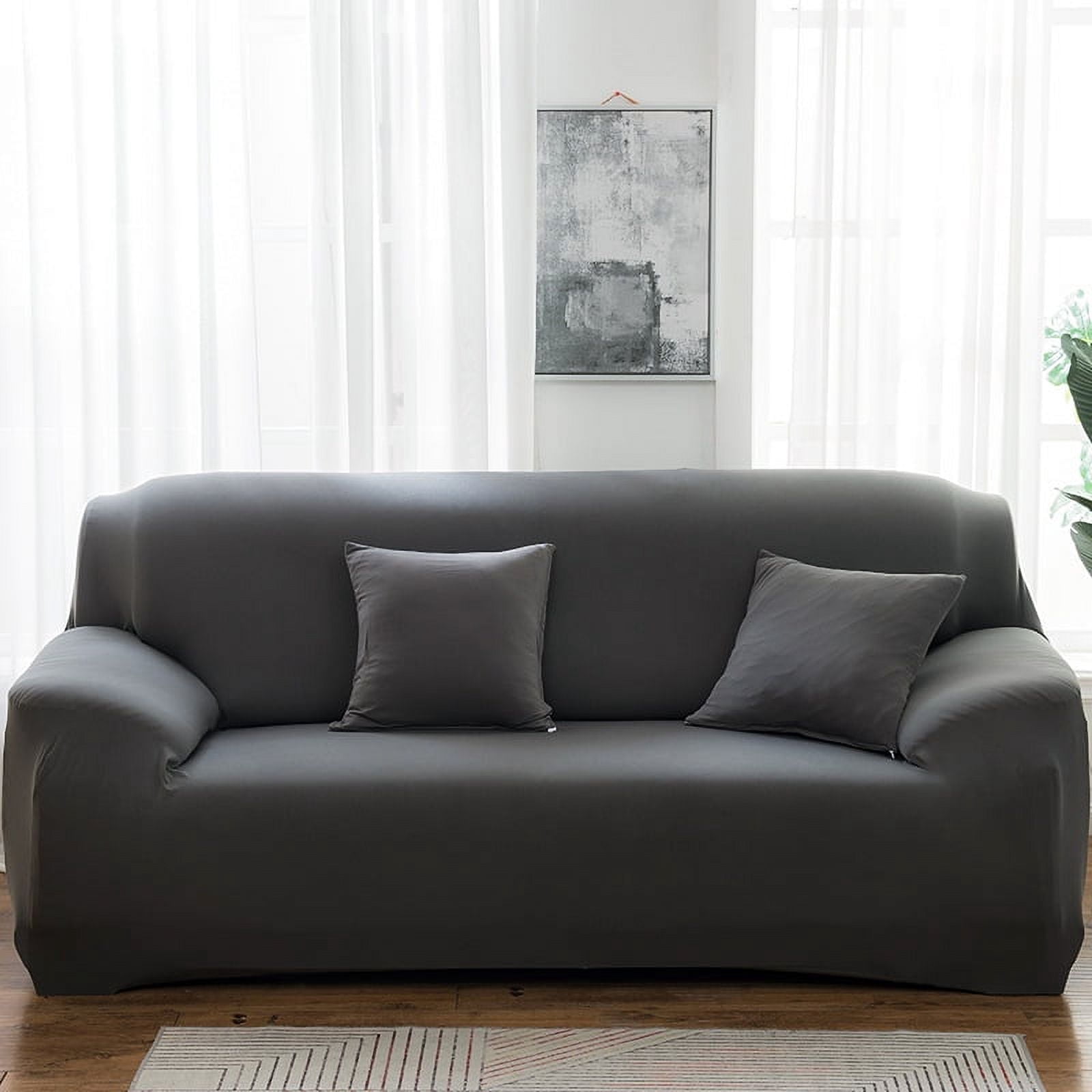 Xiao Hua High Elasticity Sofa Cover - Suitable for 3-seater (74.8-90.6in) sofas, made of dark gray soft fabric elastic material, breathable and washable furniture protective cover, 1 piece