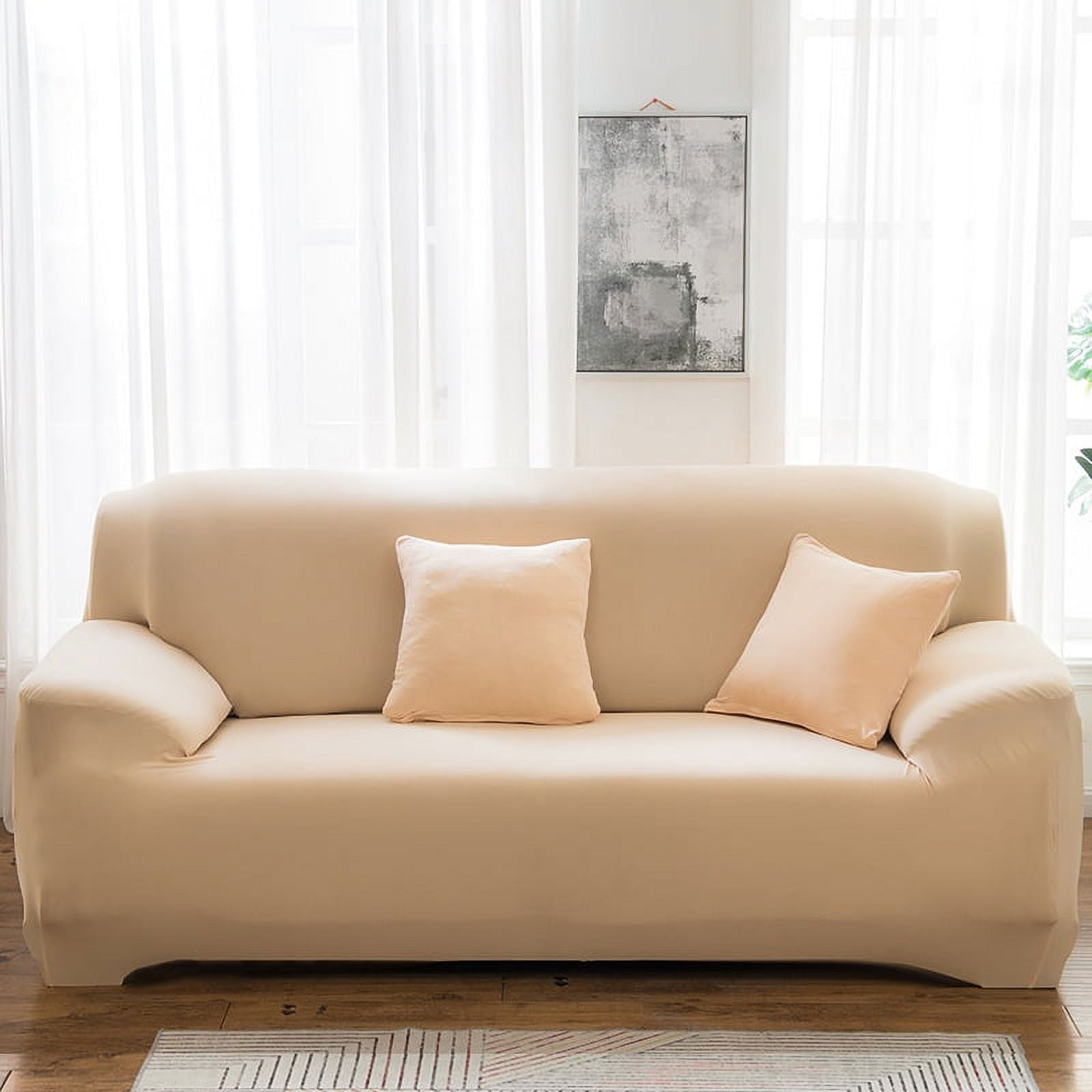 Xiao Hua High Elasticity Sofa Cover - Suitable for 4-seater (92.5-118.1in) sofas, Beige soft fabric elastic material, breathable and washable furniture protective cover, 1 piece