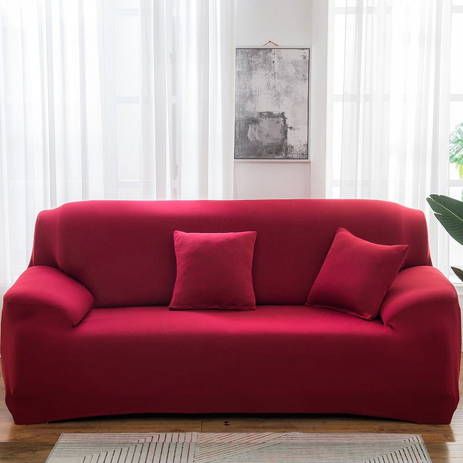 Xiao Hua High Elasticity Sofa Cover - Suitable for 4-seater (92.5-118.1in) sofas, Wine Red soft fabric elastic material, breathable and washable furniture protective cover, 1 piece