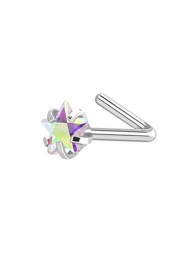 L-type silver nose ring puncture needle -10 pieces, hypoallergenic male and female polished puncture nose nails, daily wear of body accessories, Colorful pentagram rhinestone