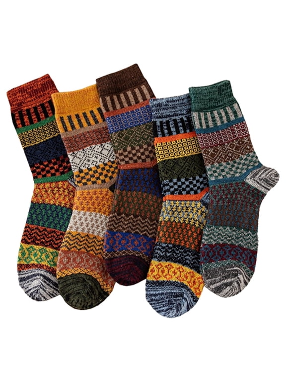 Men's Thick Wool Socks for Warmth, Winter Mid Socks, Retro Pattern Socks, 5 Pair Multi Color