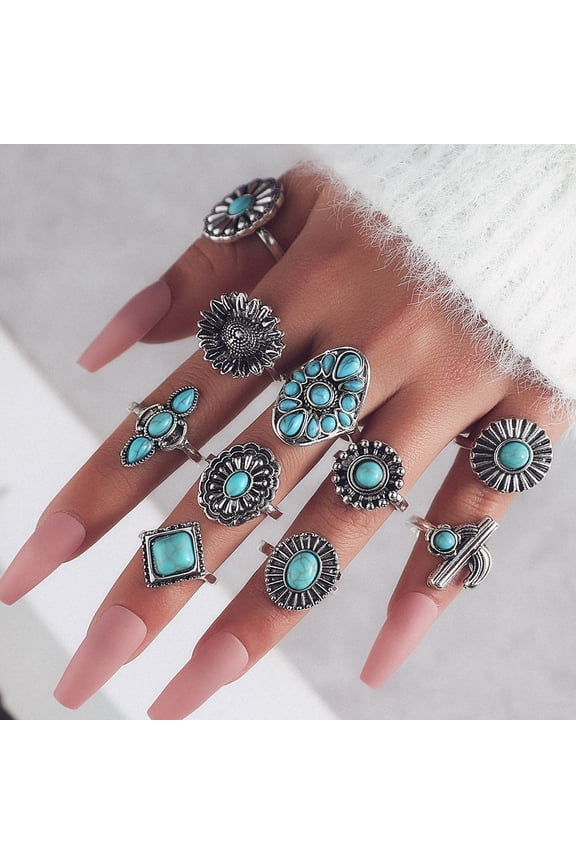Natural Stone Inlaid Minimalist Ring Set - 10 Pieces, Stackable Minimalist Ring Set, Natural Stone Rings Suitable for Women's Daily Casual Wear, Style 5
