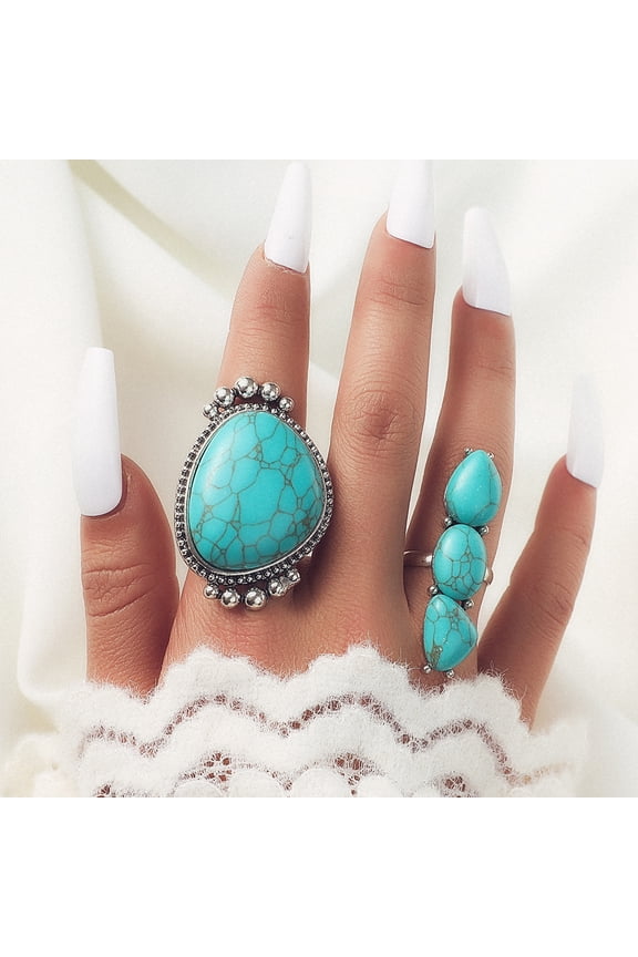 Natural Stone Inlaid Minimalist Ring Set - 2 Pieces, Stackable Minimalist Ring Set, Natural Stone Rings Suitable for Women's Daily Casual Wear, Style 7