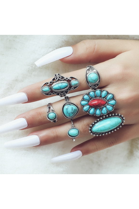 Natural Stone Inlaid Minimalist Ring Set - 7 Pieces, Stackable Minimalist Ring Set, Natural Stone Rings Suitable for Women's Daily Casual Wear, Style 3