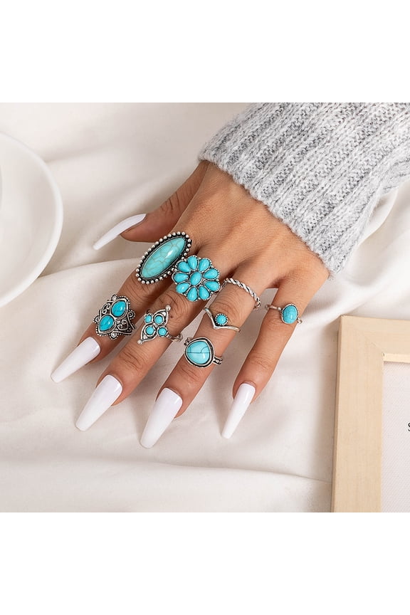 Natural Stone Inlaid Minimalist Ring Set - 8 Pieces, Stackable Minimalist Ring Set, Natural Stone Rings Suitable for Women's Daily Casual Wear, Style 6