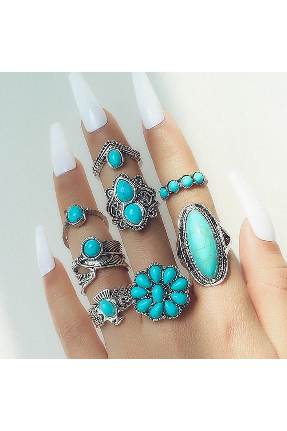 Natural Stone Inlaid Minimalist Ring Set - 8 Pieces, Stackable Minimalist Ring Set, Natural Stone Rings Suitable for Women's Daily Casual Wear, Style 4