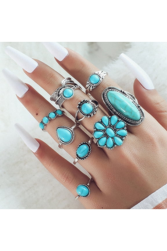 Natural Stone Inlaid Minimalist Ring Set - 9 Pieces, Stackable Minimalist Ring Set, Natural Stone Rings Suitable for Women's Daily Casual Wear, Style 2