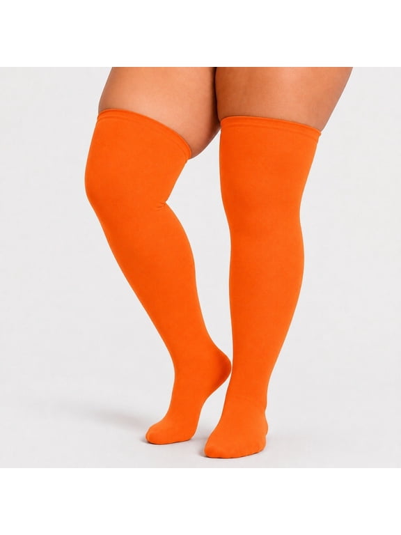 Orange Plus Size Knee High Socks, One Size Fits All, Ultra Wide Thigh Long Socks, Suitable For Daily Wear By People Weighing Around 220.46Lb, 2 Pairs
