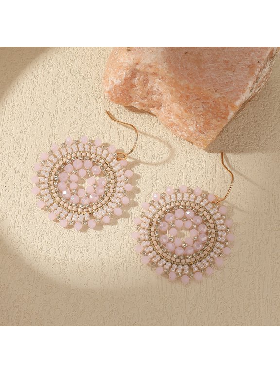 Pink Handmade Seed Bead Earrings - 1 Pair, 1.97 * 1.57 Inches, Lightweight Handmade Geometric Bead Pendant Jewelry, Suitable For Daily Wear And Matching