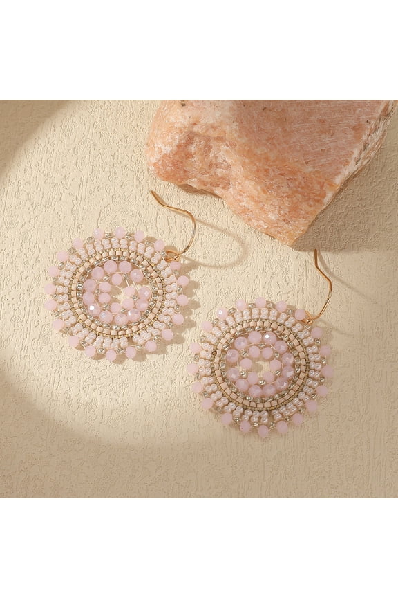Pink Handmade Seed Bead Earrings - 1 Pair, 1.97 * 1.57 Inches, Lightweight Handmade Geometric Bead Pendant Jewelry, Suitable For Daily Wear And Matching