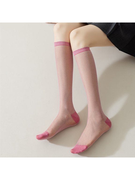 Pink Shiny Socks, One Size Fits All, Knee Length Shiny Socks With Metal Wire, Semi Transparent Socks For Parties, Festivals, And Daily Casual Wear, 4 Pairs