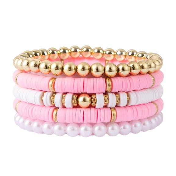 Xiao Hua Pink Soft Ceramic Elastic Bracelet -5-piece Set, Stackable Bracelet, Ocean themed Surfing Beach Soft Ceramic Bracelet, Daily Wear Wrist Accessories