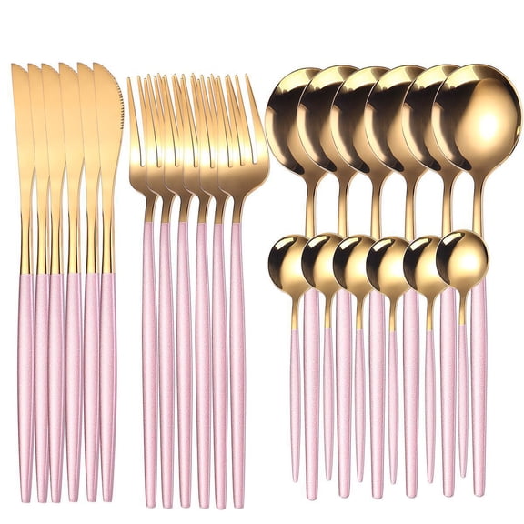 Xiao Hua Pink handle stainless steel cutlery set 24 pieces (6 people), complete set of forks, knives, spoons, teaspoons, kitchen utensils set, suitable for dinners and holiday gatherings